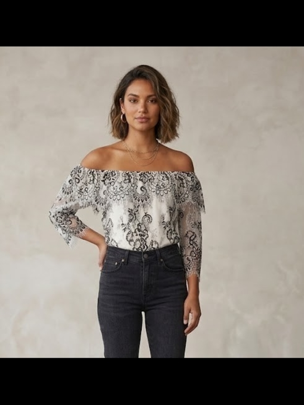 White House Black Market Off-Shoulder Black & White Lace-Print Blouse